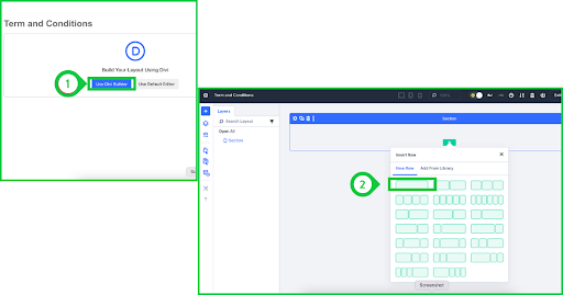 Steps to add a description to the Terms and Conditions page using Divi Builder—selecting a single row with one column to start adding content.