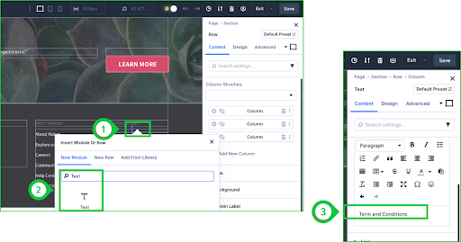 Adding a Text Module in Divi 5 footer and typing “Terms & Conditions” to insert a legal link in the desired column or row.