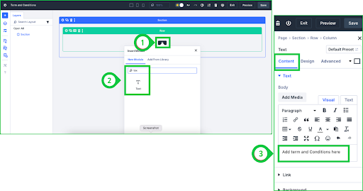 Using Divi Builder to add a Text Module and paste AI-generated Terms and Conditions content into the page, then saving and exiting the settings.