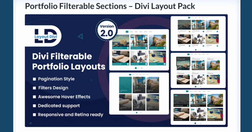 Divi Filterable Portfolio Module Layout Pack with 40+ layouts, dynamic sorting, and responsive design, ideal for photographers showcasing categorized work with smooth navigation and visual clarity.