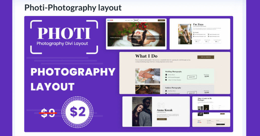 Elegant and lightweight Photi Photography Layout for Divi, featuring a fully responsive, distraction-free design tailored for photographers and artists seeking a modern, minimal online presence.