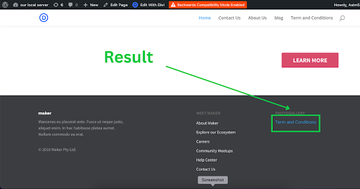 Final footer view showing the Terms and Conditions link successfully added using Divi 5.