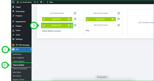 Opening Divi Theme Builder and clicking on the Global Footer section to add the Terms and Conditions link in Divi 5.