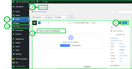 Easy steps to create a Terms and Conditions page using Divi 5, including navigating to Pages, adding a new page, entering the title, and publishing it from the WordPress dashboard.