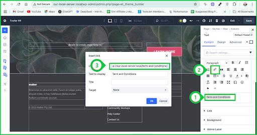 Selecting the Terms and Conditions text and adding a clickable hyperlink using the toolbar in Divi 5’s Text Module.