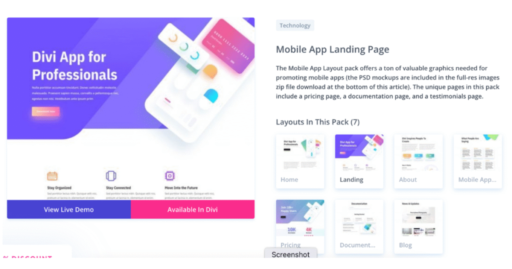 Modern and mobile-optimized Divi layout for app landing pages with bold visuals, CTA buttons, and responsive design, ideal for showcasing app features, pricing, and user testimonials.