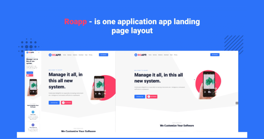 Application RoApp layout pack featuring 7 pre-built Divi pages with mobile-friendly UI, responsive design, and customizable PSD mockups for professional mobile app promotion.