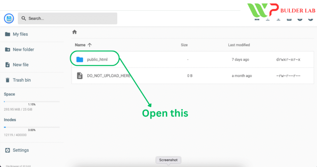 Opening the public_html folder inside File Manager to access WordPress core files.