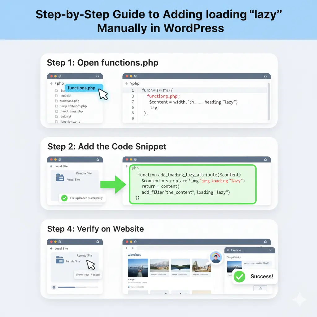 Infographic tutorial on manually implementing lazy loading attribute for WordPress images via functions.php filter