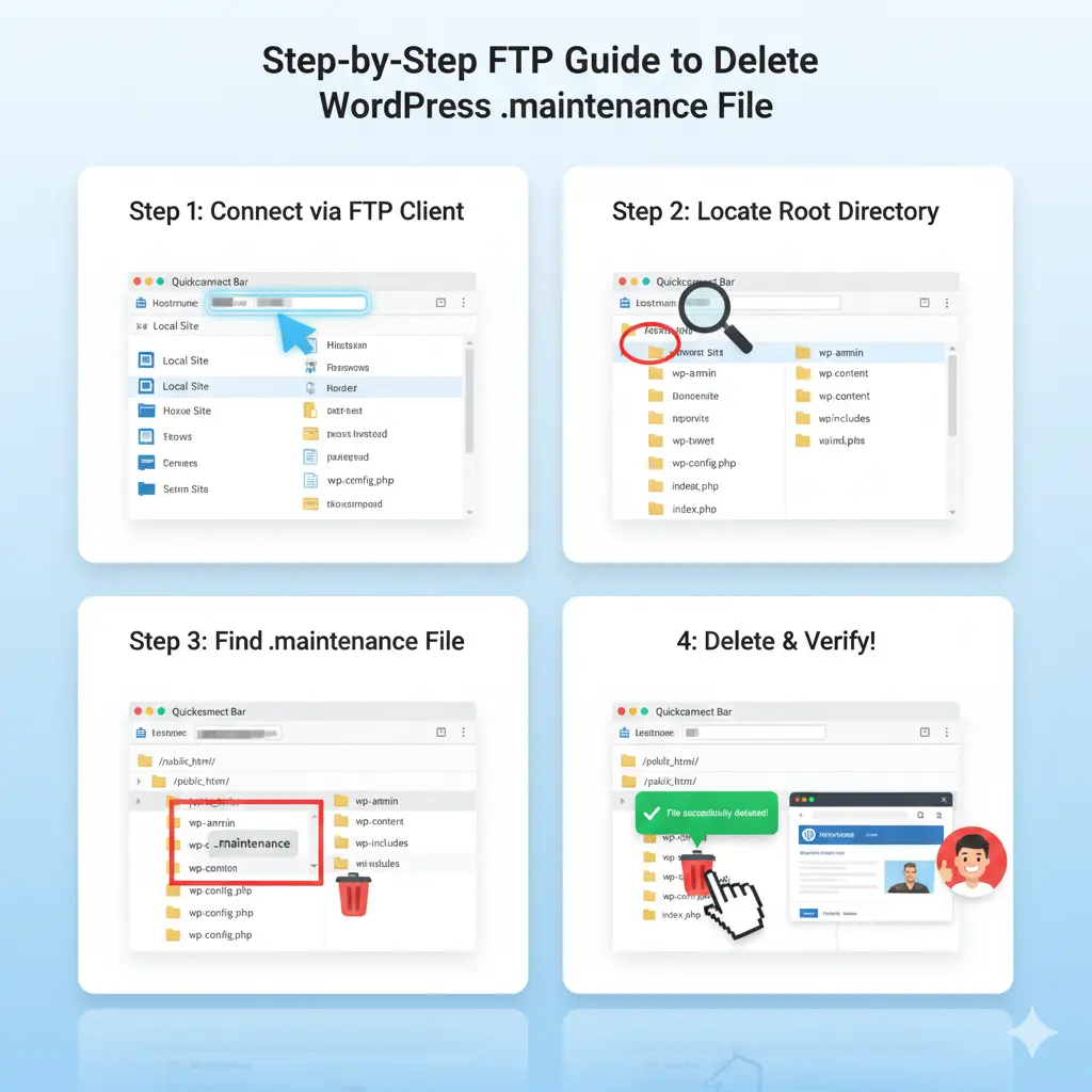 Visual guide showing FTP access to WordPress root directory to remove stuck .maintenance file and exit maintenance mode