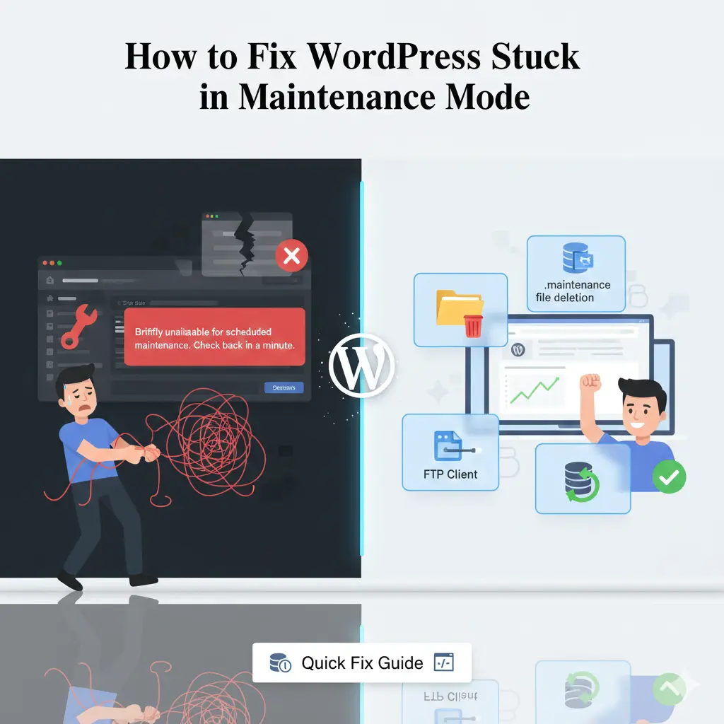 Illustration of solving WordPress maintenance mode stuck error with tools like FTP and file deletion for fast site recovery