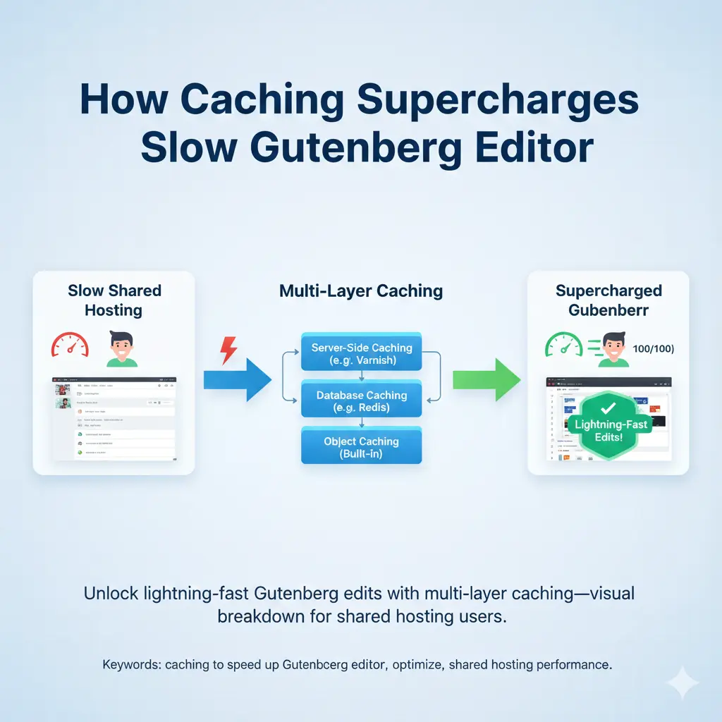 Infographic of caching layers accelerating Gutenberg block editor speed on shared hosting