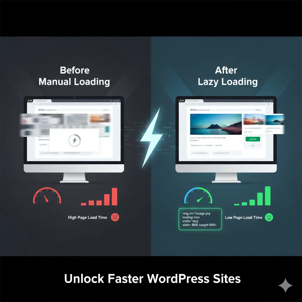 Split-view illustration of before and after manual lazy loading for WordPress images, showing site speed improvements and code tweaks