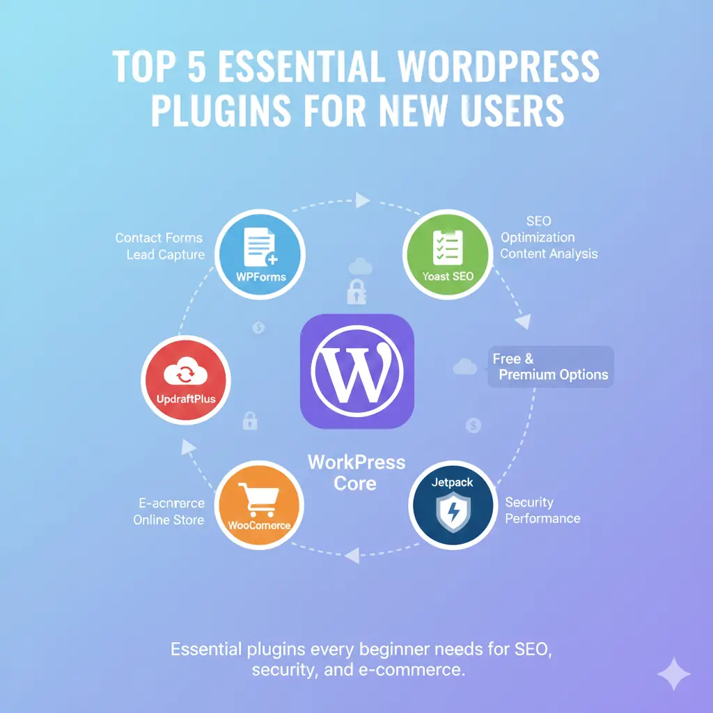 Infographic of must-have plugins including Yoast SEO, Jetpack, and WooCommerce circling a WordPress core