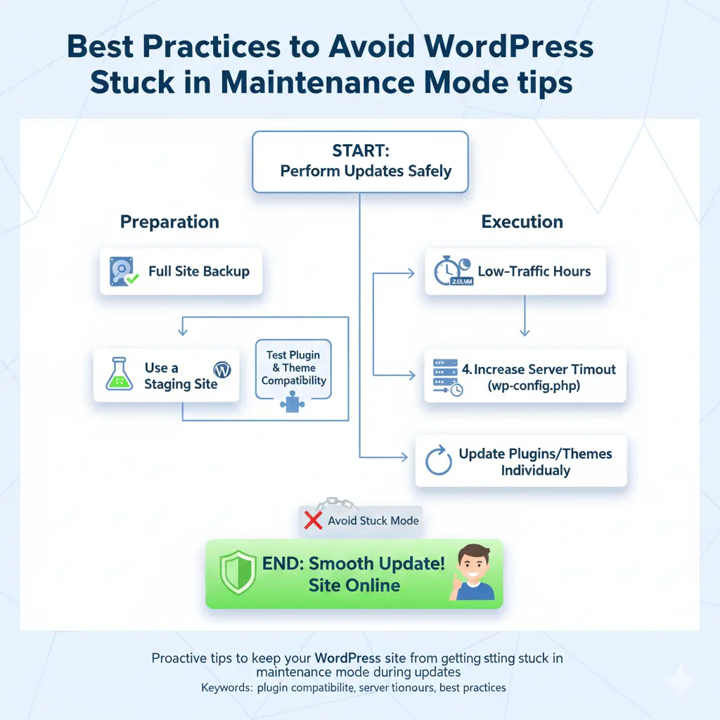 Flowchart of prevention strategies for WordPress maintenance mode issues including updates and backups