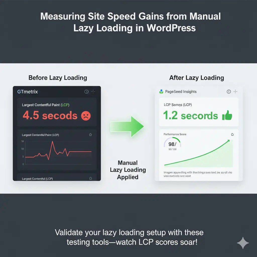 Dashboard view of PageSpeed Insights testing results after manual lazy loading for WordPress images
