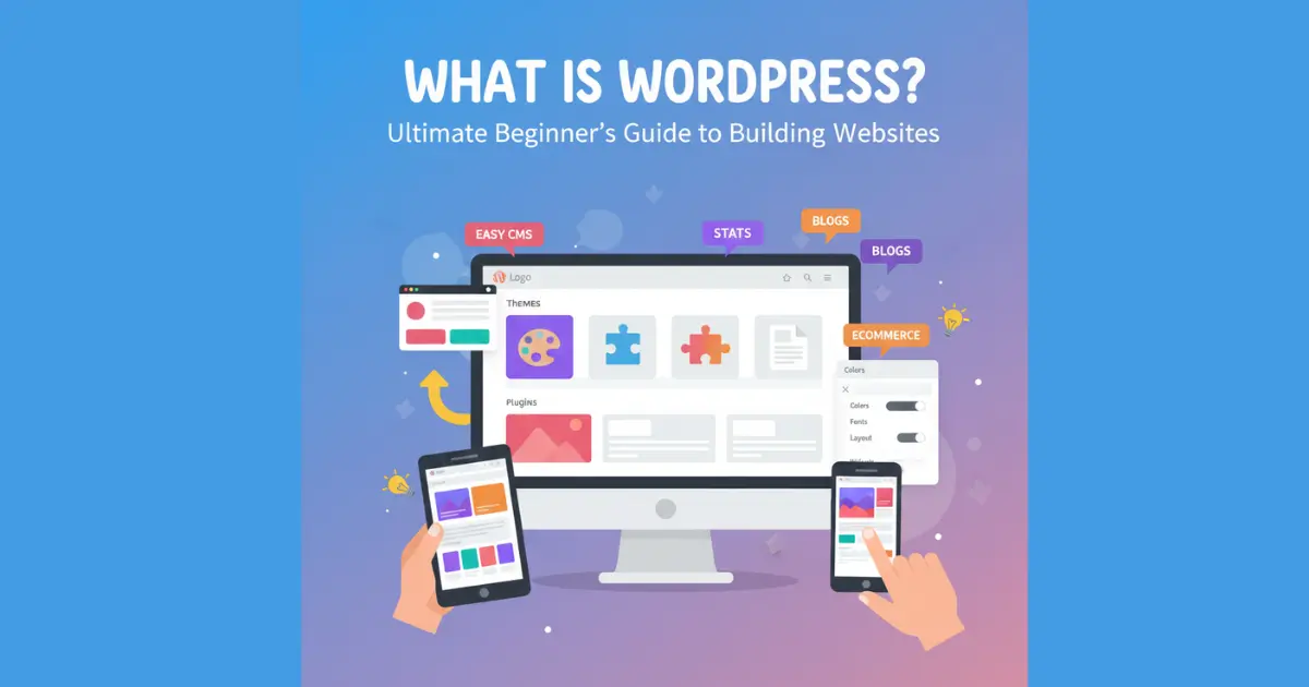 Vibrant illustration of WordPress dashboard with themes, plugins, and website elements for beginners guide on how it works