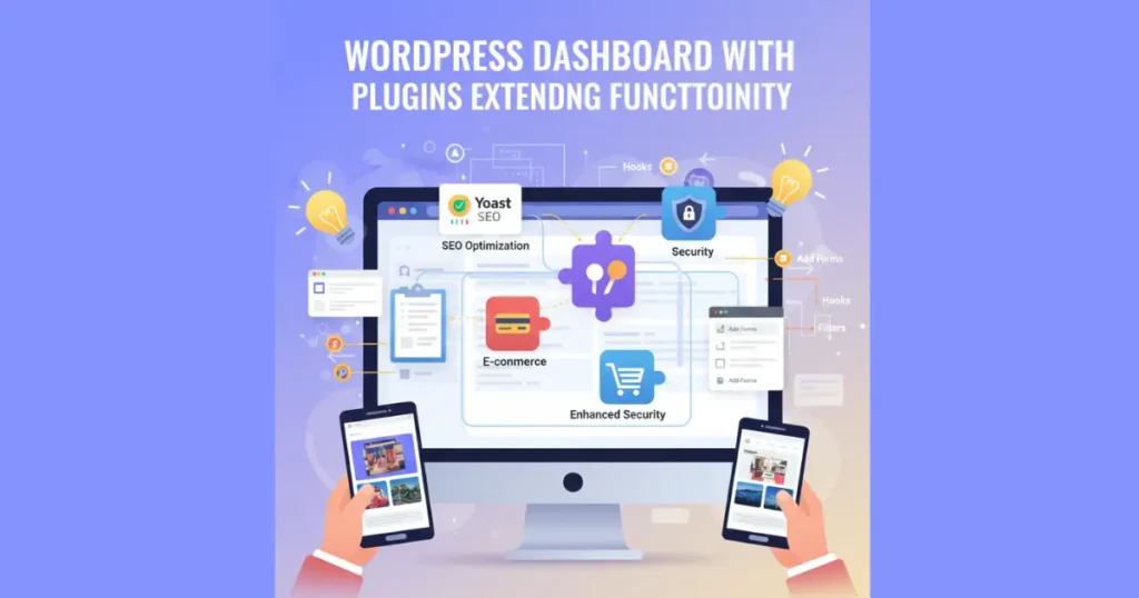 Vibrant illustration of WordPress plugins integrating into a dashboard, adding SEO, forms, and security features seamlessly
