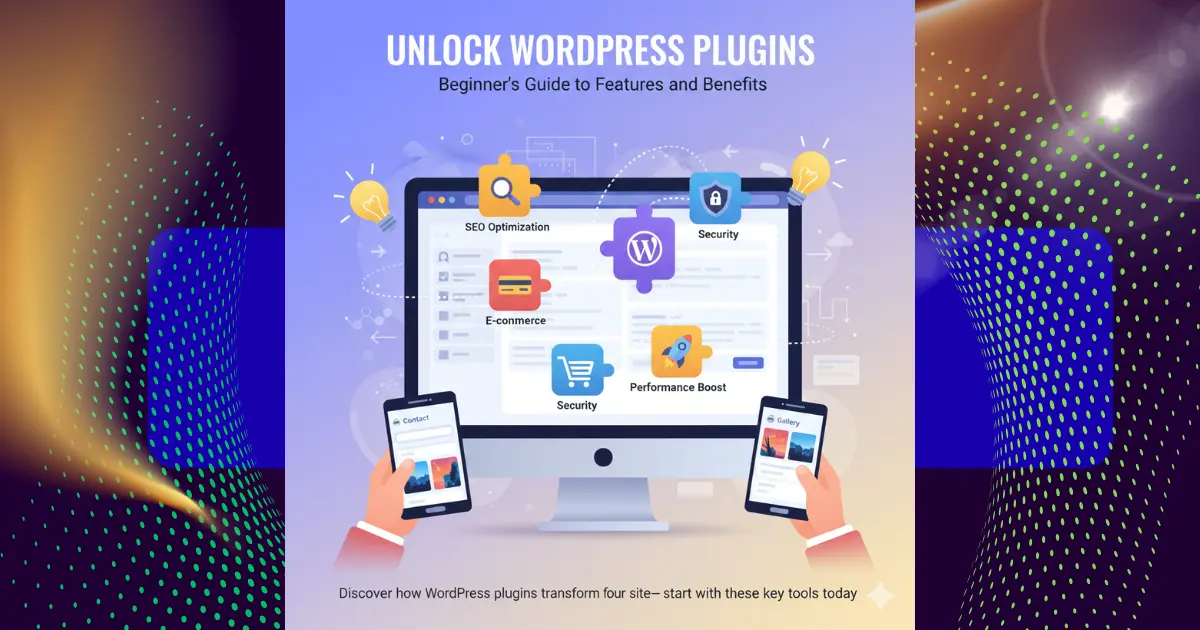 Illustrated guide to essential WordPress plugins for beginners, showing dashboard extensions for SEO, security, and e-commerce functionality