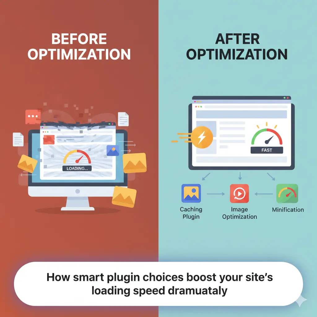 Split-image showing slow vs. fast WordPress site performance with caching and optimization plugins
