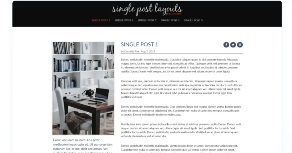 Single post layouts for Divi showing different Divi blog post template designs with featured image and author sections