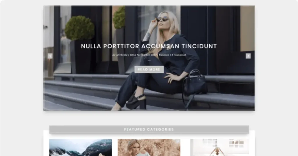 Elegant Blog Page layout for Divi showing featured categories, slider, and styled sidebar