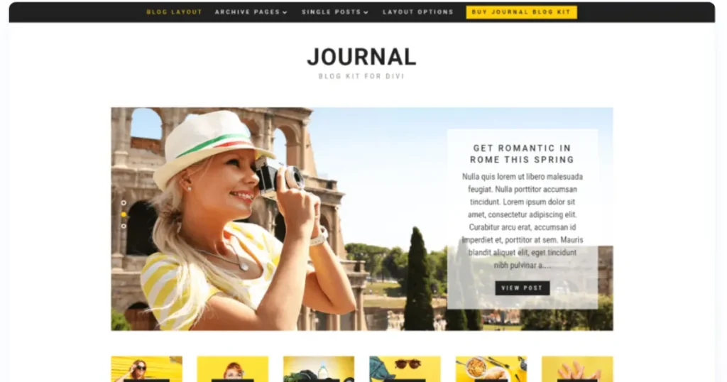 Travel Lifestyle Divi blog kit bundle showing magazine-style blog layouts and post templates