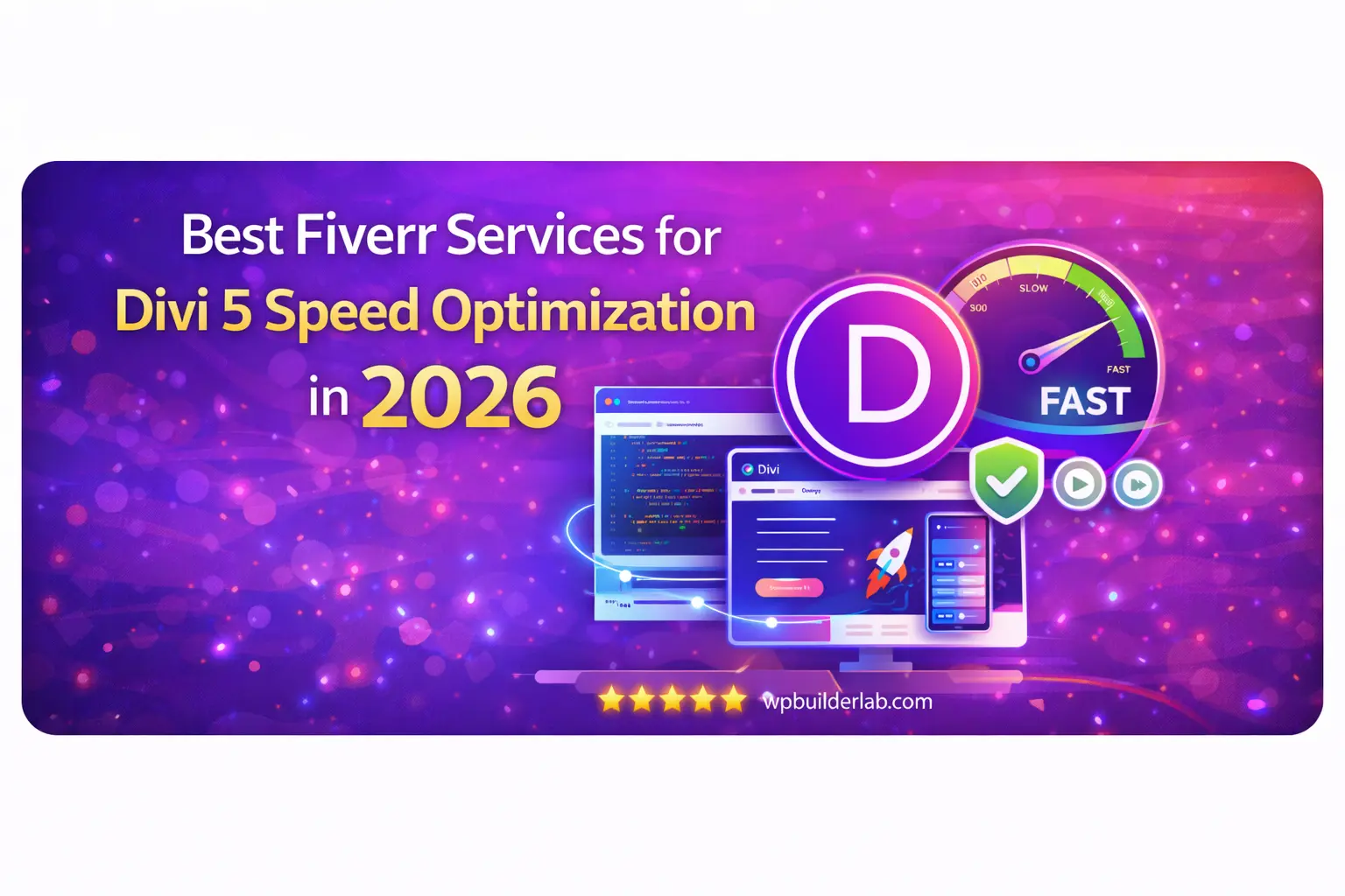 Best Fiverr services for Divi 5 speed optimization in 2026 feature image showing Divi logo, speed meter, and website performance design